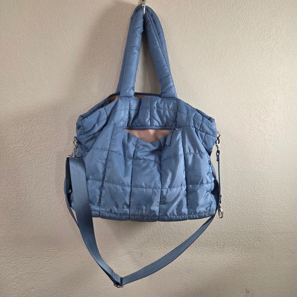 Isaac Mizrahi New York Quilted Puffer Tote Bag Slate Blue Padded Crossbody